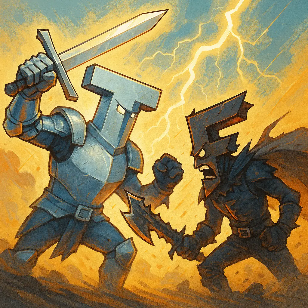 A fight between two warriors with heads shaped like the letters T and F