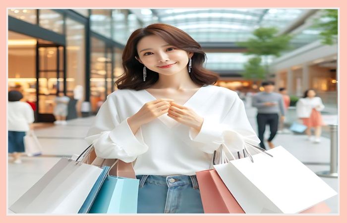 소비쿠폰 혜택으로 쇼핑몰에서 여러 개의 쇼핑백을 들고 만족스럽게 웃고 있는 여성의 모습