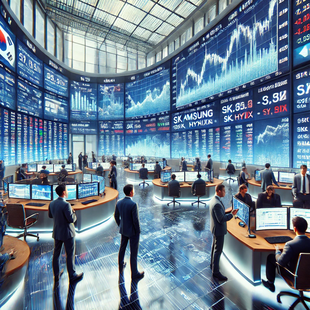 "2025년 한국 주식시장 거래시간 연장 이후, 대형 디지털 스크린에 실시간 주가 데이터가 표시된 현대적인 증권 거래소 내부 모습"
