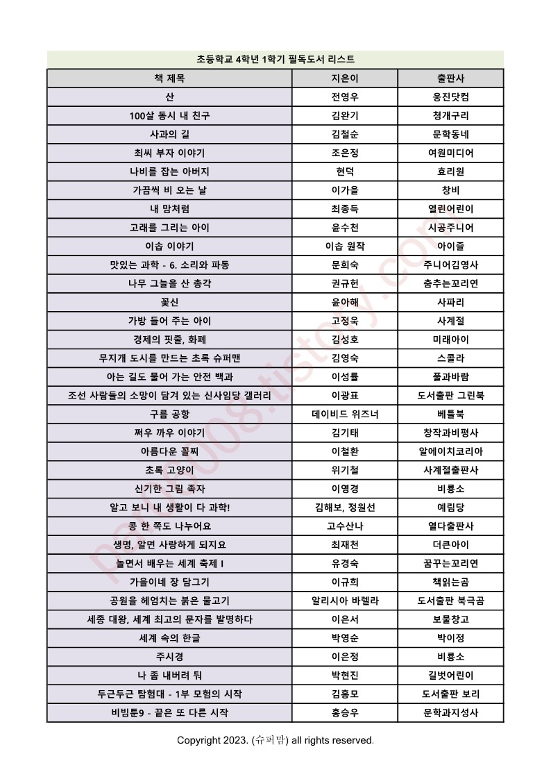 초등4학년-1학기-권장도서-목록