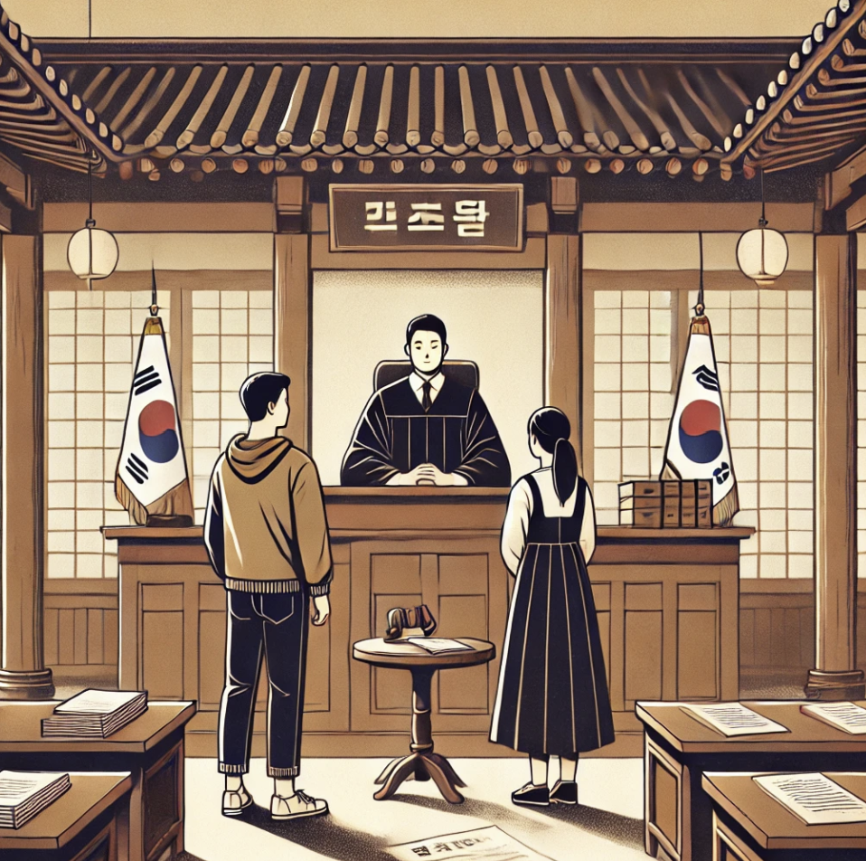 법정에서 이혼 관련 판결을 기다리는 장면