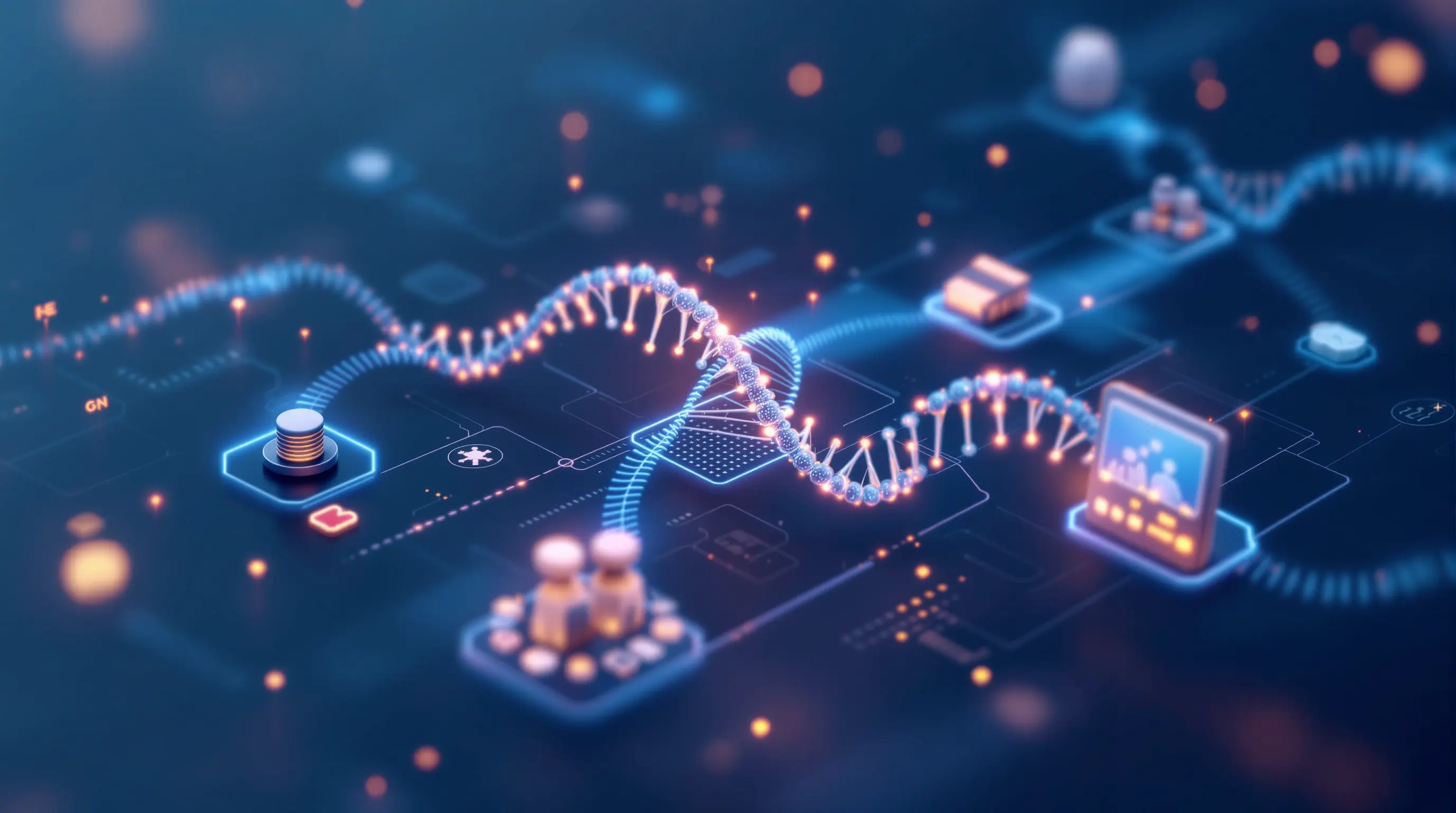 유전자 편집 기술과 다양한 산업 분야가 연결되는 미래 산업 구조를 개념적으로 표현한 이미지