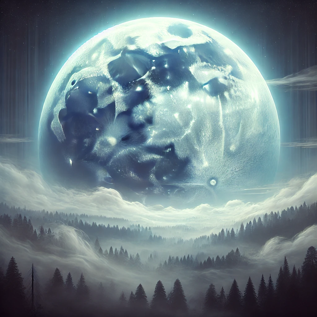 안개가 자욱한 풍경 위로 은은한 빛을 드리우는 보름달