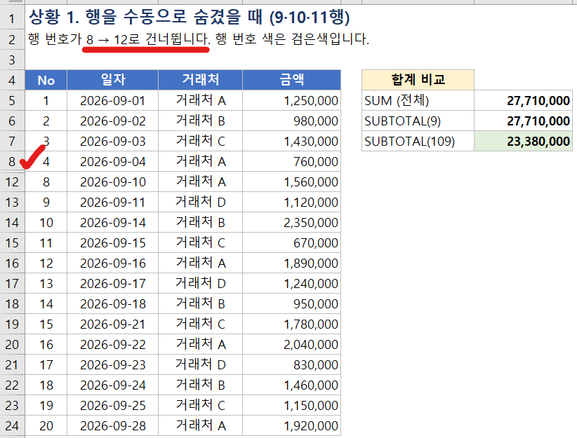 엑셀에서 숨겨진 행과 필터로 걸러진 행의 행 번호 차이