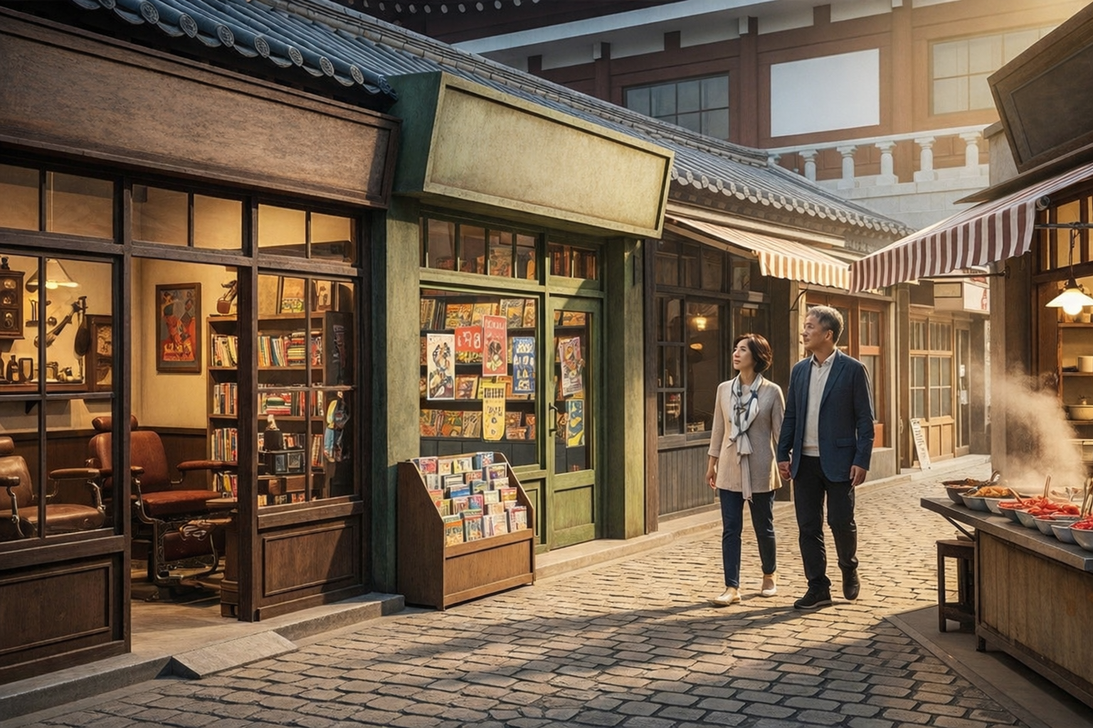 국립민속박물관 야외 전시장 '추억의 거리'의 옛날 이발소, 만화가게, 문방구 등 정겨운 상점들을 둘러보는 커플의 모습.