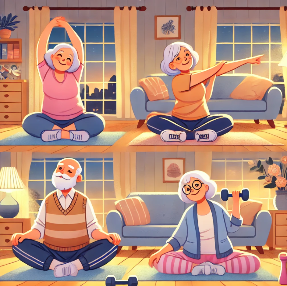 시니어부부 저녁 운동으로 유연성과 관련된 사진