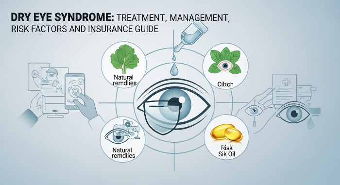 스마트 기기, 눈물 방울, 영양제, 의료 상징이 조화된 안구건조증 치료 및 관리 개념 이미지. 눈의 피로와 건조함을 해결하는 과정을 나타냅니다.