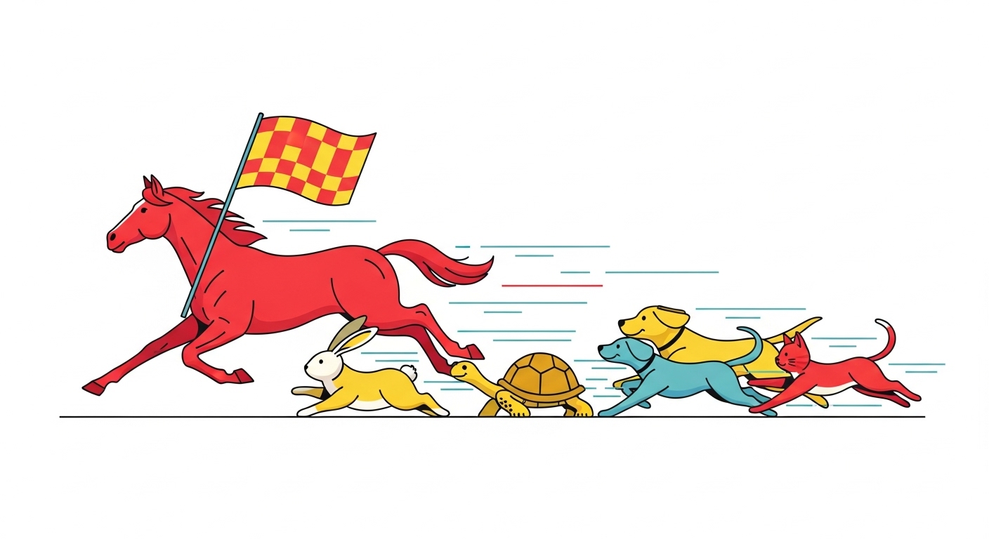 깃발을 들고 동물 친구들을 이끌며 힘차게 달리는 리더십 넘치는 말 캐릭터 일러스트