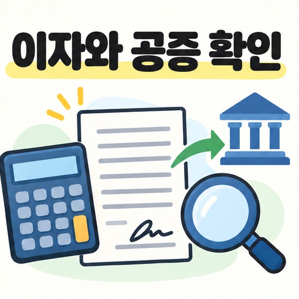 이자 약정과 서명, 송금 기록 및 공증 효력을 확인하는 그림