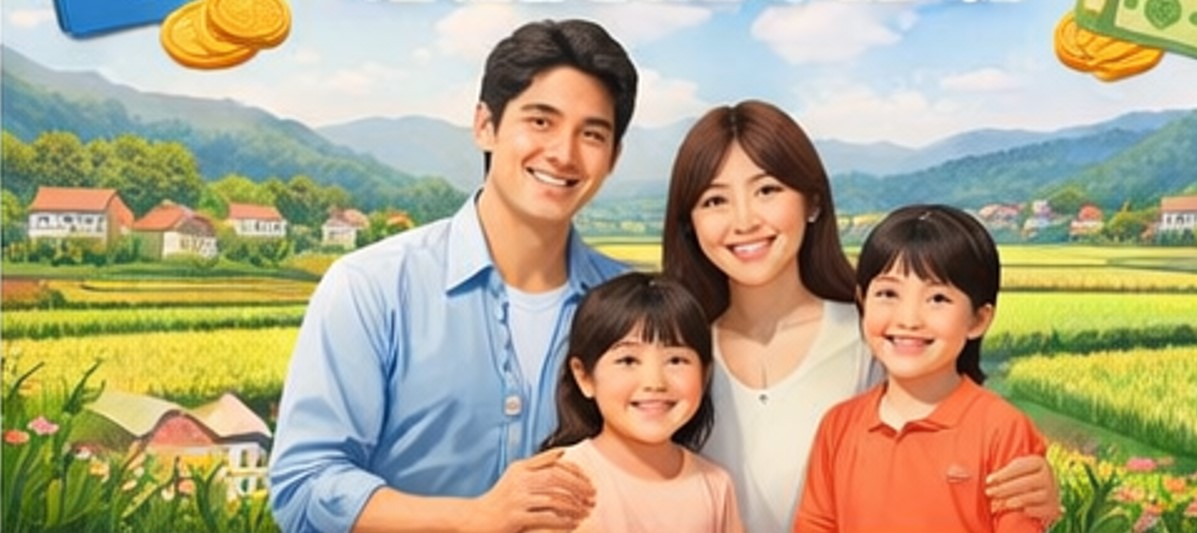 농촌의 4인 가족이 환하게 웃고 있는 그림