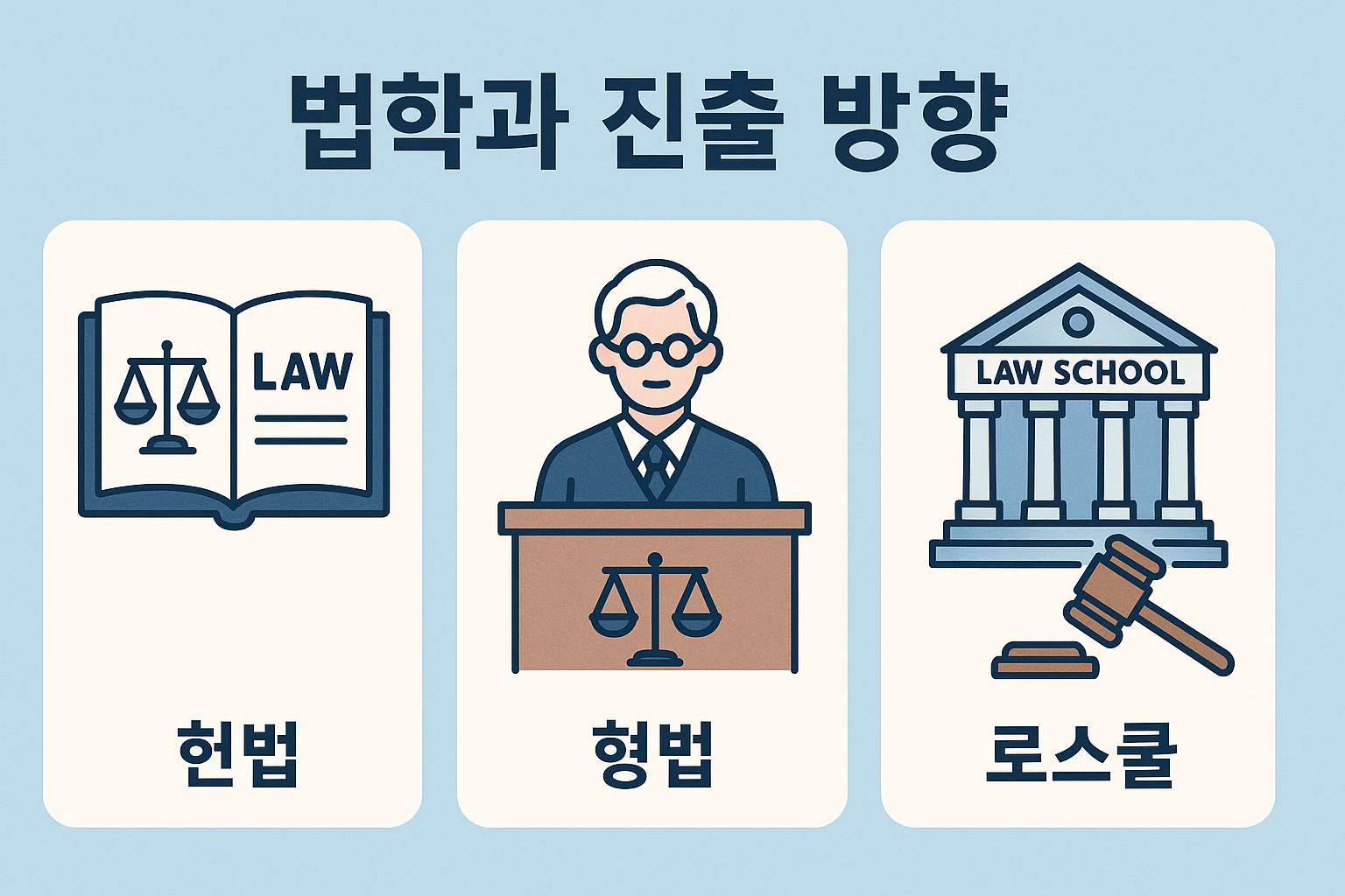 헌법, 형법, 로스쿨로 나뉜 법학과 진출 방향을 설명하는 인포그래픽. 헌법은 저울 아이콘이 있는 책, 형법은 재판 중인 사람, 로스쿨은 건물과 판사망치로 표현됨."