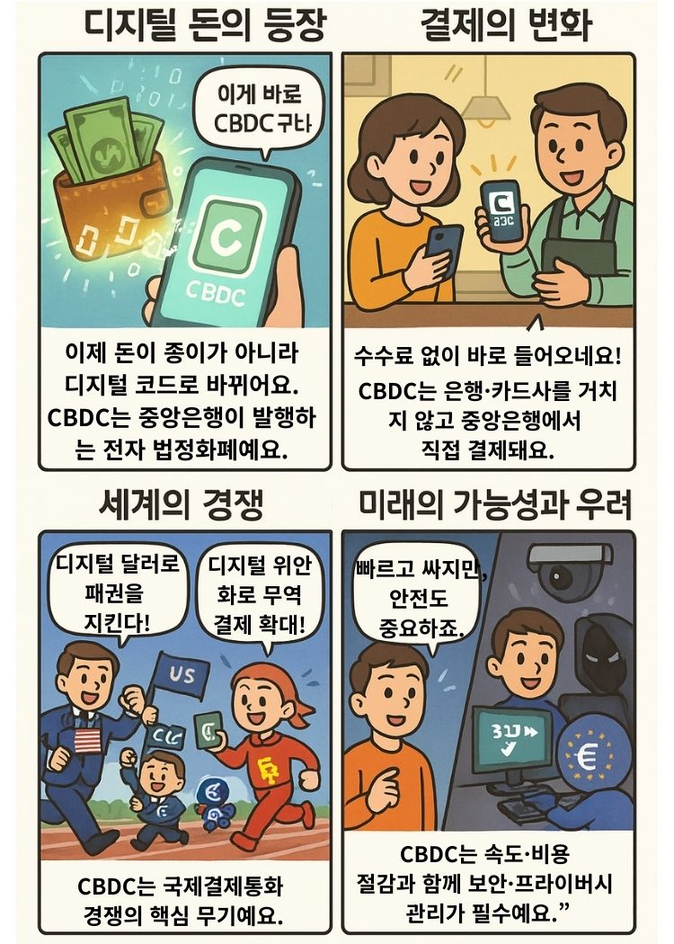 디지털 화폐 CBDC 개념과 장단점 설명. 1컷 – 종이돈이 스마트폰 전자지갑으로 변환, 2컷 – QR코드 결제 장면, 3컷 – 미국·중국·유럽 캐릭터의 CBDC 경쟁, 4컷 – 빠른 송금과 개인정보 보안 문제를 대비