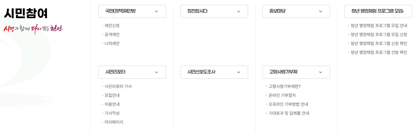 천안시 소개 페이지에서 지역의 역사와 상징 캐릭터를 살펴보는 장면