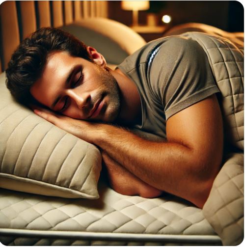 편안한 매트리스 위에서 숙면을 취하고 있는 남성의 사진