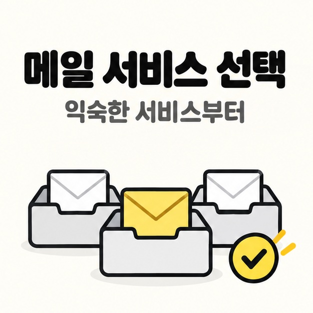 사용할 이메일 서비스를 선택하도록 여러 메일함과 선택 표시를 보여 주는 그림