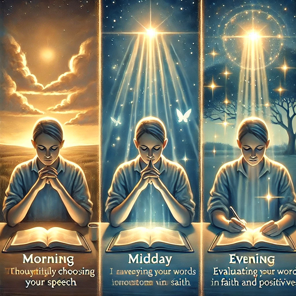 하루 동안 혀 사용에 주의하며 생명을 살리는 말을 실천하는 모습을 담고 있습니다. 아침, 낮, 저녁의 장면을 통해 복음적이고 성령의 인도를 받은 말에 대한 묵상과 평가가 표현되었습니다.