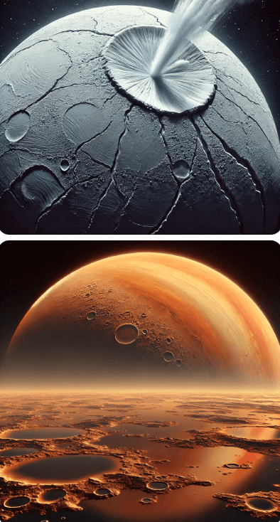 두개의 행성 이미지 위 행성은 갈라진듯한 얼음 느낌의 행성이고 아래는 화성과 같은 붉은 느낌의 행성이다.
