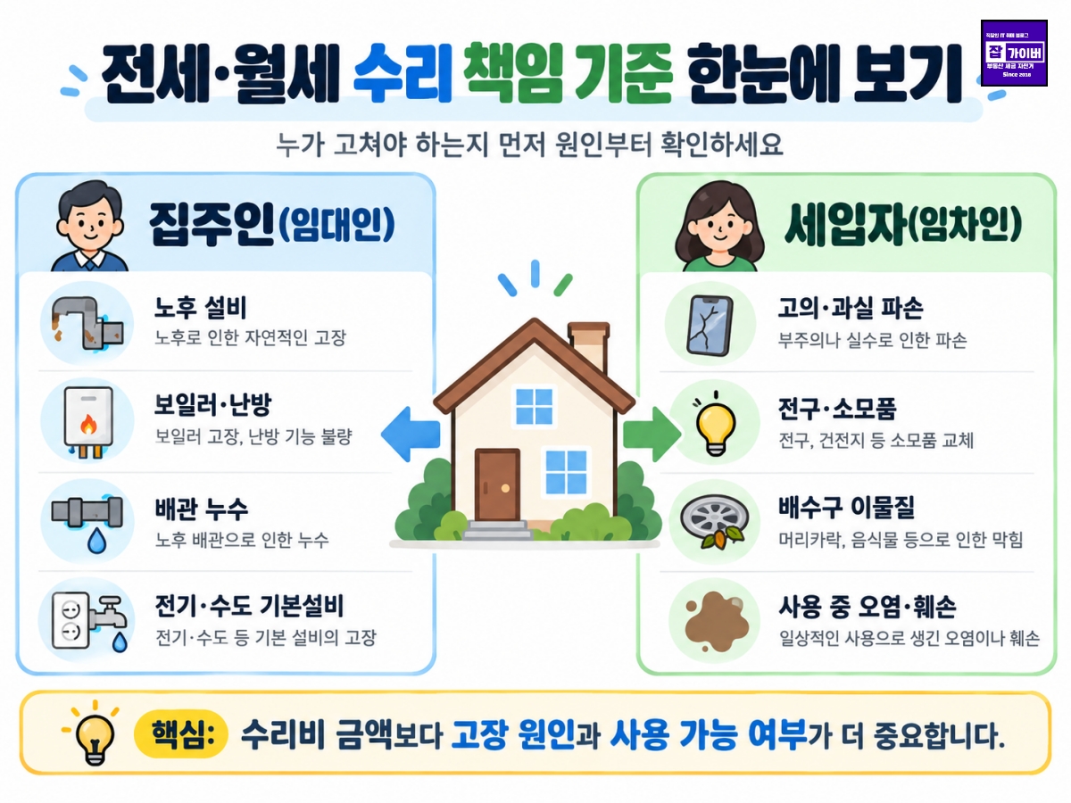 전세 월세 집 고장 시 집주인과 세입자 수리비 책임 기준 비교