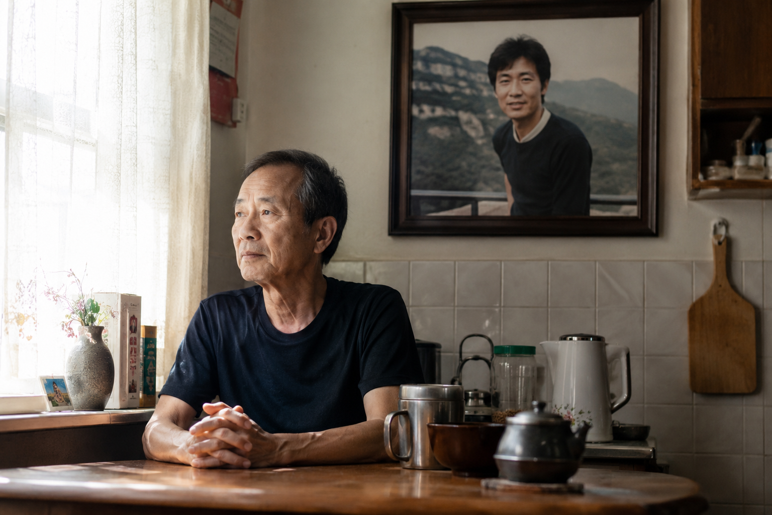 60대 남성이 주방에 앉아 있고 벽에 걸린 젊은 시절 사진과 현재 모습 대비되는 장면