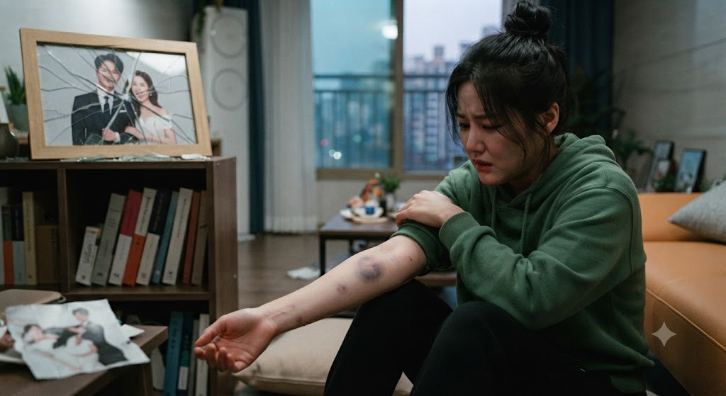 폭행으로 여성의 팔에 멍이 든 모습, 증거사진으로 남겨야 함