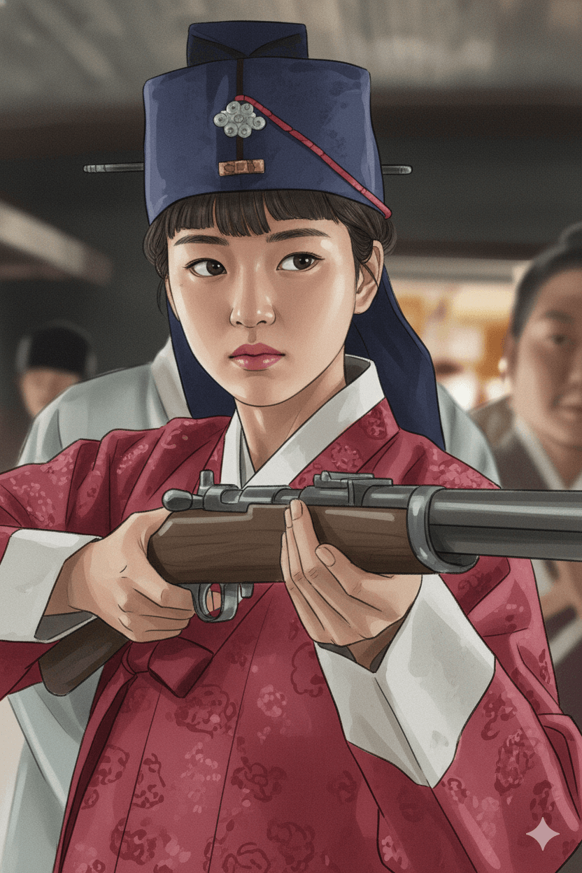 한복 입고 총을 든 애신, 미스터선샤인의 한장면