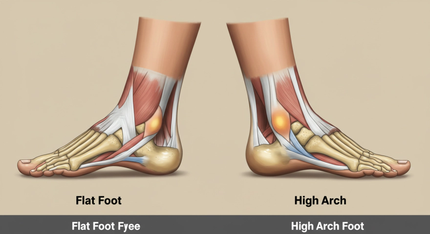 평발과 아치 높은 발을 비교하는 발 모형 이미지