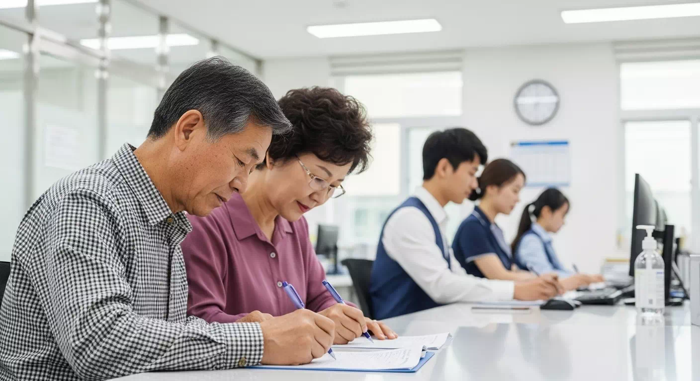 공공기관 민원 창구에서 소비쿠폰 신청서를 작성 중인 60대 한국 노부부. 행정기관 내부