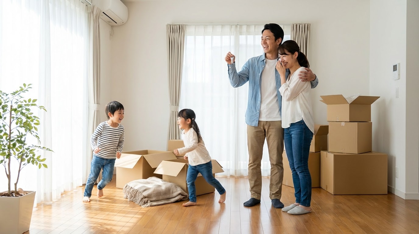 新居に引っ越す幸せな家族