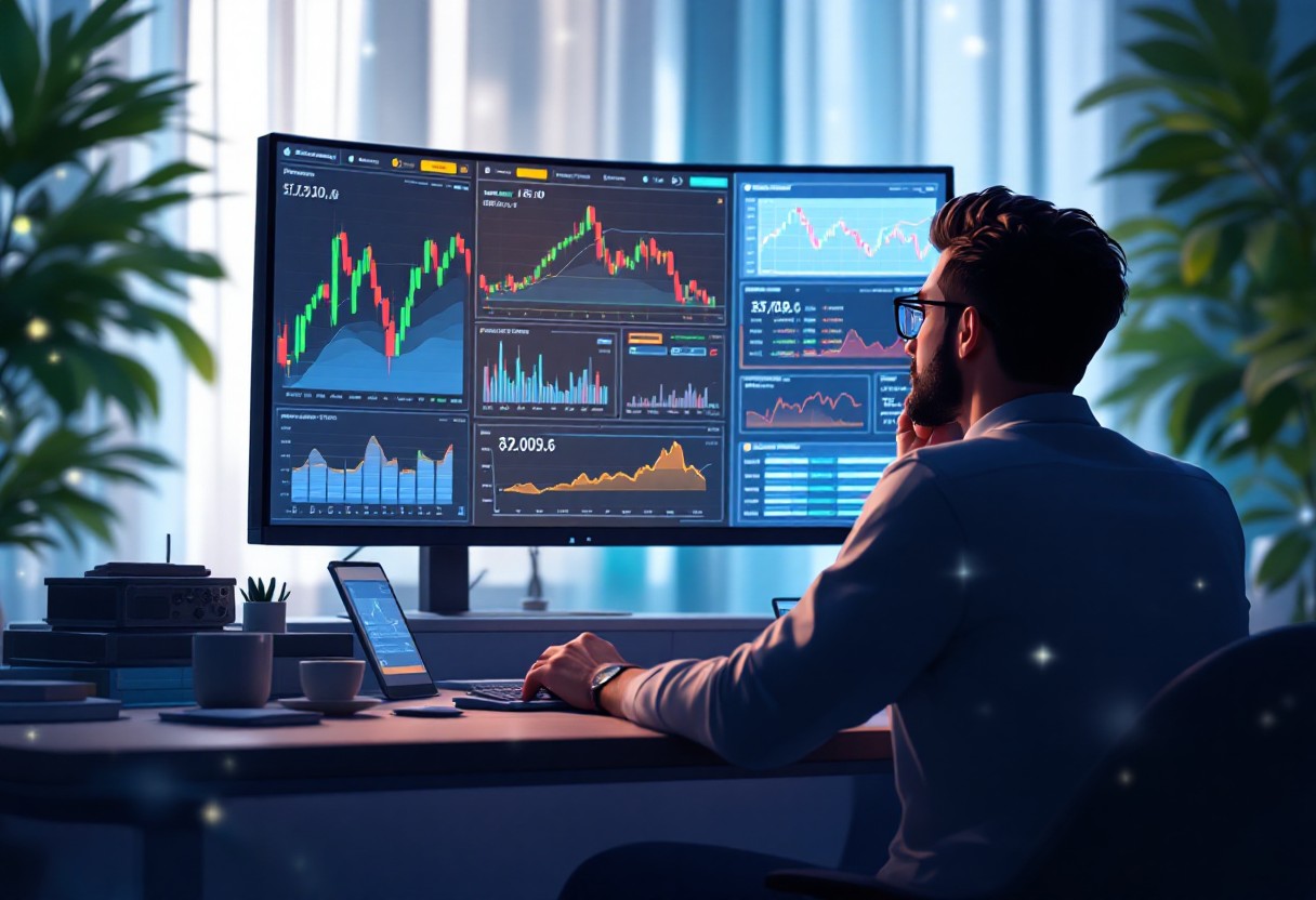 암호화폐 투자자가 여러 개의 모니터로 코인 차트를 분석하는 모습