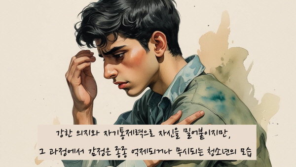 강한 의지와 자기통제력으로 자신을 밀어붙이지만, 그 과정에서 감정은 종종 억제되거나 무시됩니다에 관한 그림