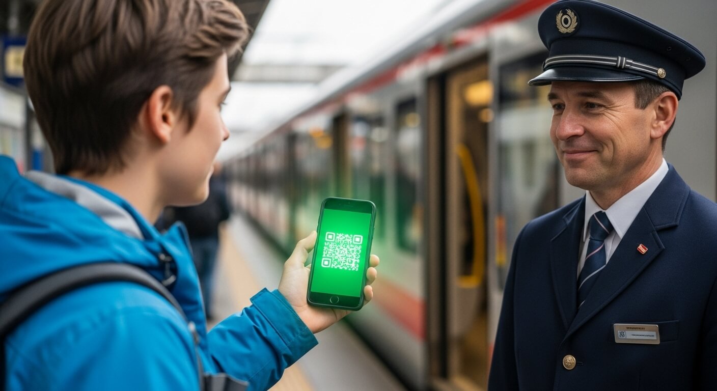 승객이 역무원에게 스마트폰 QR코드를 제시하는 장면