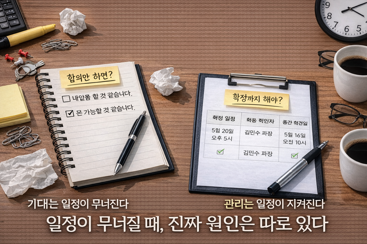 합의만 한 일정 메모와 확정 일정 문서가 대비된 사무실 책상 이미지