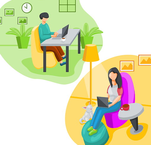 남자가 책상 앞에 앉아 노트북으로 일을 하고, 오른쪽에는 여자가 소파에 발을 올린 채 노트북을 하고 있다.