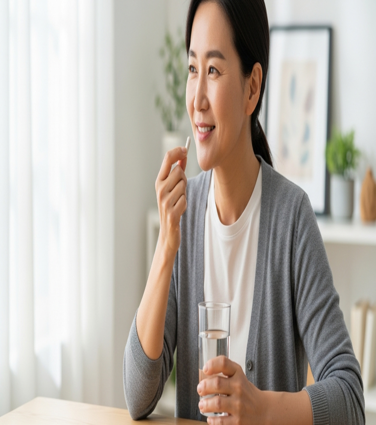 유산균 제품을 먹으며 건강한 라이프스타일을 즐기는 여성