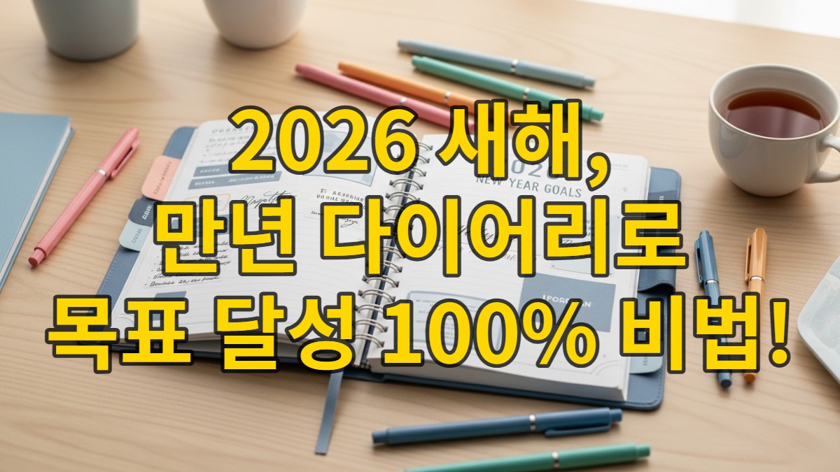 2026년 새해 목표 페이지가 펼쳐진 블루-그레이 톤의 깔끔하게 꾸며진 만년 다이어리 이미지. 여러 색상의 펜과 따뜻한 차가 함께 놓여있다.