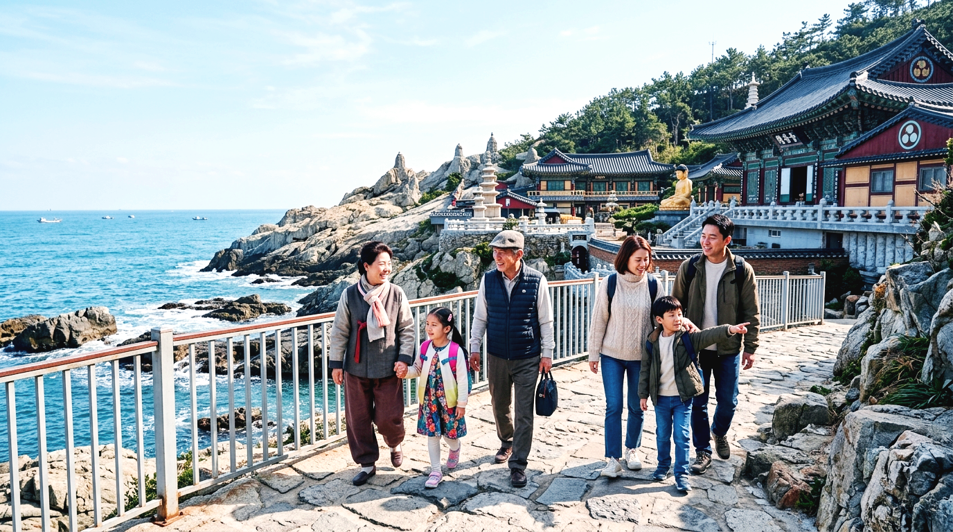 부산 기장 해동용궁사 바위 길을 따라 걸어가고 있는 한국인 가족의 모습