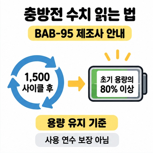 BAB-95 제조사 안내인 1,500사이클 후 초기 용량의 80% 이상 유지 기준을 보여주고 사용 연수 보장이 아님을 설명한 이미지