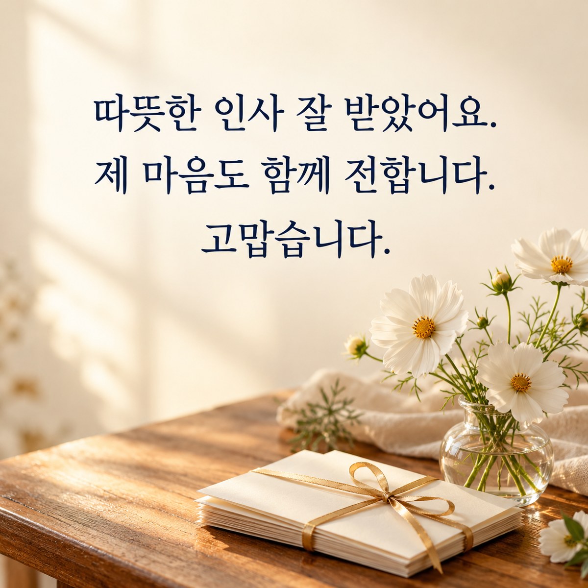 추수감사절 카톡 인사말 감사답장 카드 &mdash; 고운 리본으로 묶인 감사 카드와 흰 꽃