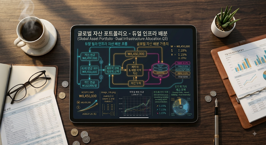 세련된 서재 테이블 위 태블릿 화면에 선명하게 정렬된 한국 전력기기 패시브 50% + 미국 온사이트 발전 액티브 50% 듀얼 스왑 포트폴리오 구조도