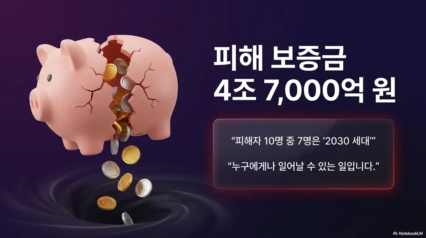 전세 계약시 유의사항: 깨진 돼지 저금통에서 동전이 쏟아지는 이미지와 함께 전세사기 피해 보증금 4조 7000억 원 규모를 보여주며 피해자 10명 중 7명은 2030세대라는 통계가 표시된 전세사기 피해 현황 이미지