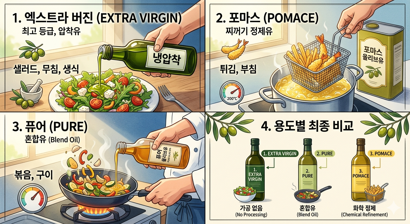올리브유, 엑스트라버진, 포마스, 퓨어