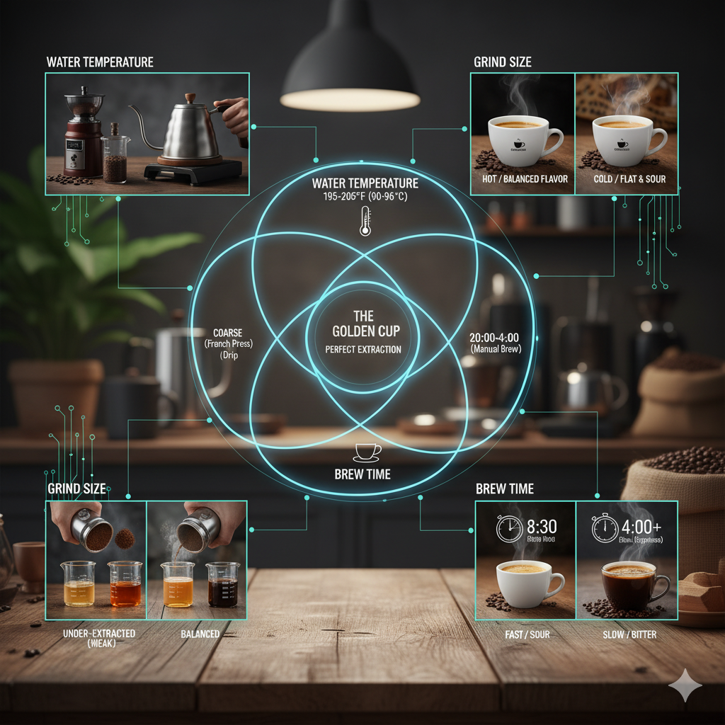 커피 추출과학의 핵심 요소인 물 온도, 분쇄도, 추출 시간을 비교 분석하는 다이어그램 이미지(이미지 생성:google)
