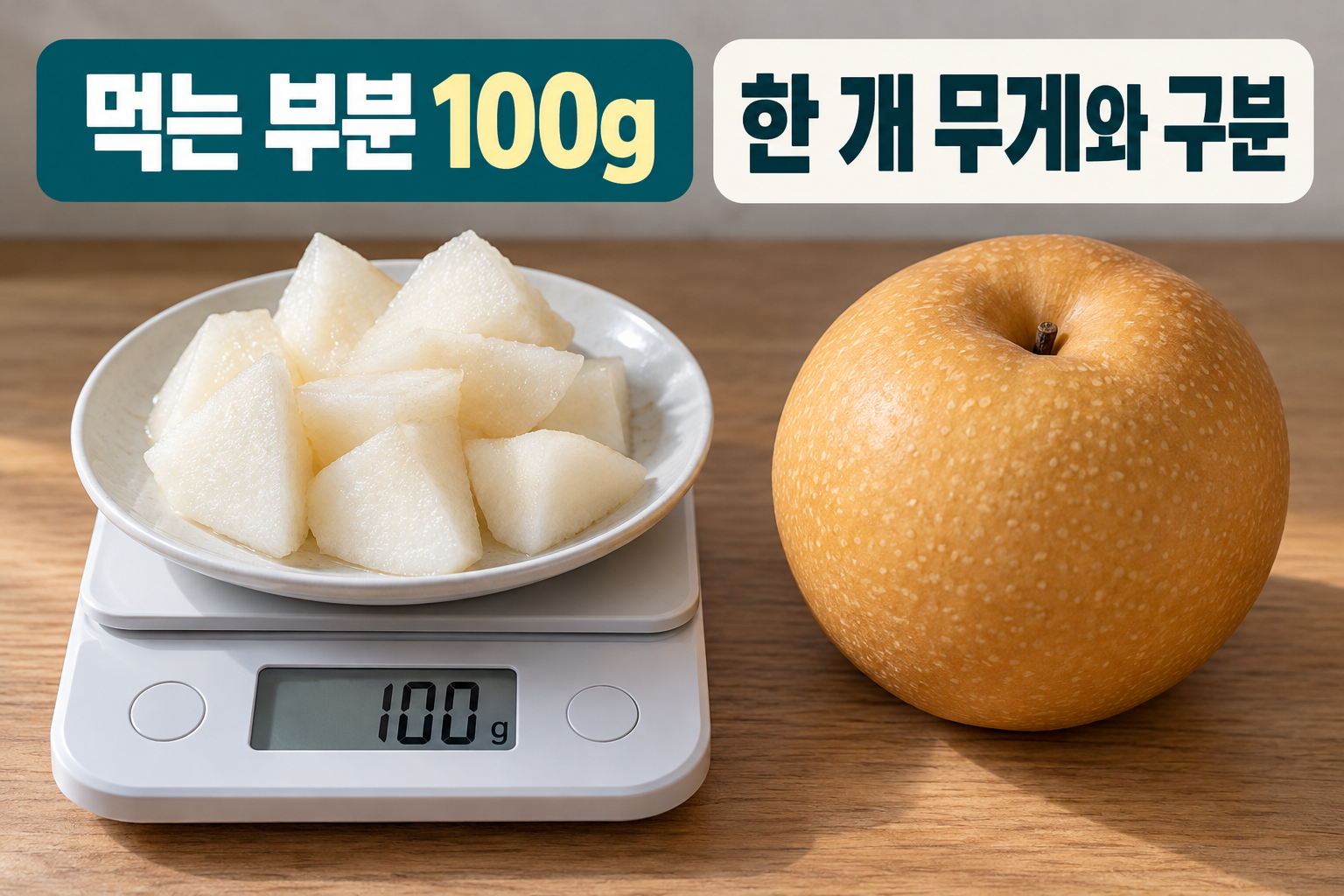 주방 저울 위의 배 과육과 옆의 둥근 신고배