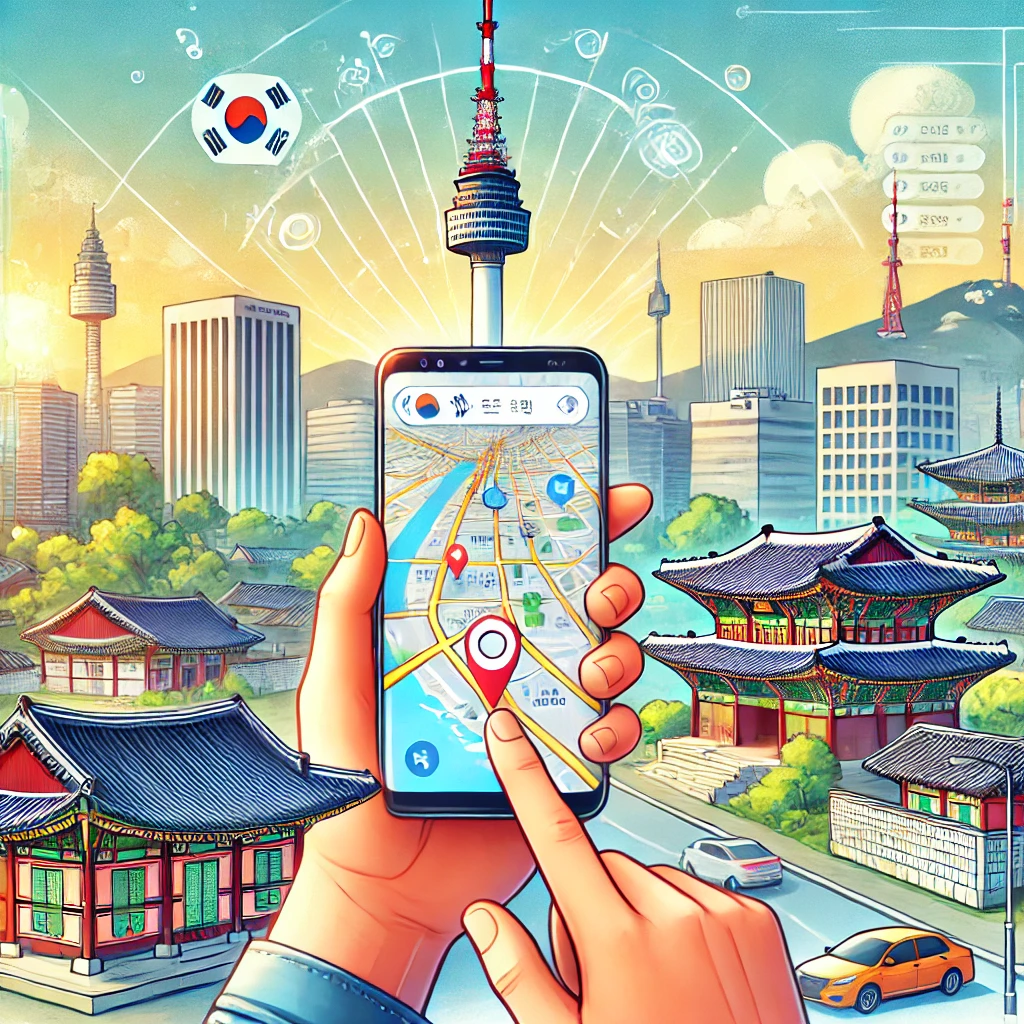 여행자가 스마트폰 앱을 사용해 한국에서 길을 찾는 모습을 그린 일러스트