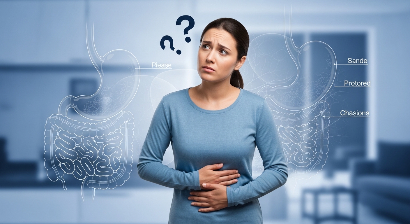 속 불편함을 느끼며 고민하는 사람의 모습, 위암 초기 증상과 단순 소화불량 구별의 어려움을 표현