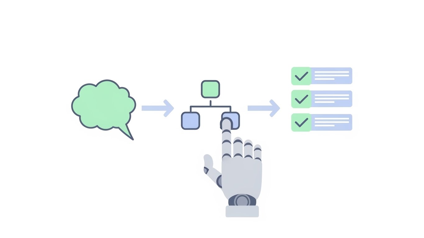 사용자의 아이디어를 구체적인 워크플로우로 변환하여 자동으로 완수하는 AI 에이전트의 프로세스 시각화 일러스트