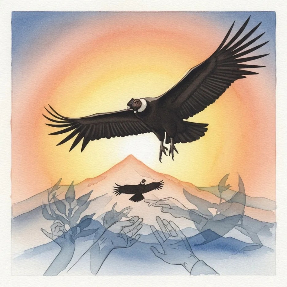 하늘을 나는 안데스콘도르와 보호의 손길을 상징하는 이미지.