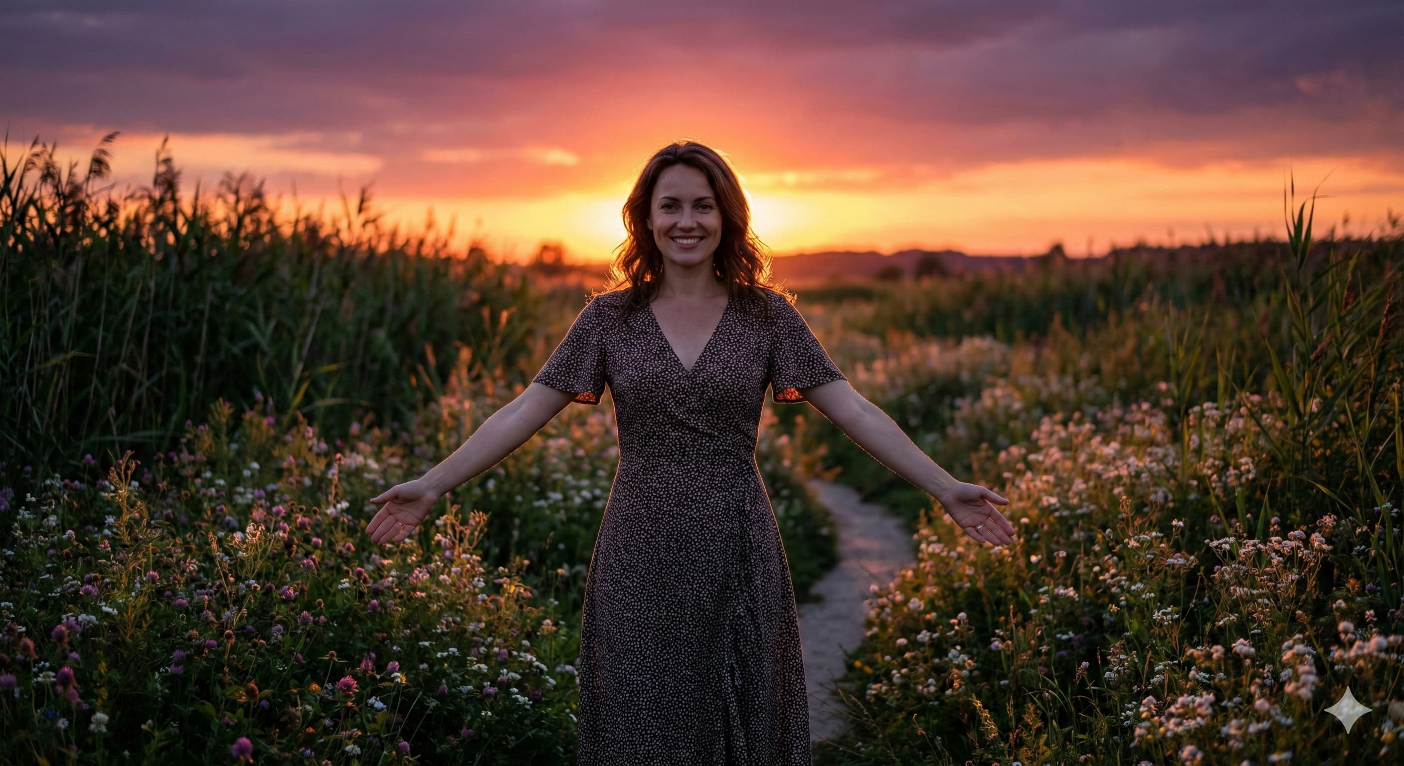 노을이 지는 아름다운 길 위에서 환영의 의미로 두 팔을 벌리고 있는 아름다운 여성 모델.