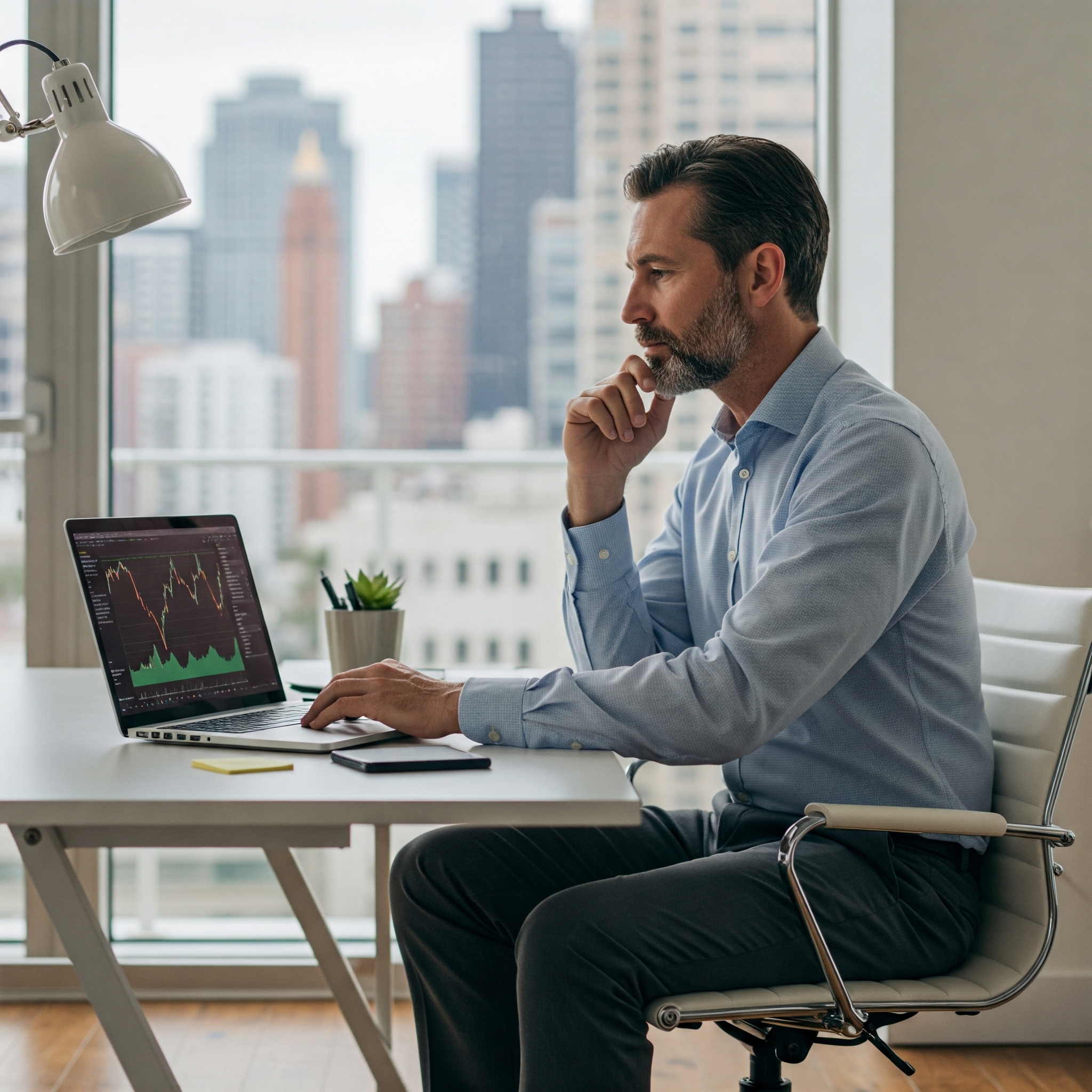 40대 남성이 노트북으로 주식 투자하는 모습이 담긴 사진