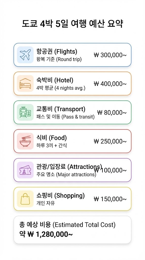 2026 최신 도쿄 4박 5일 여행 경비 일정 완벽 정리 (표로 끝)